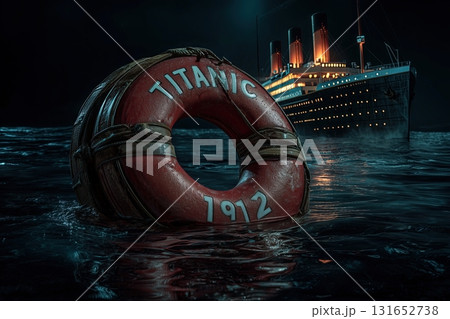 TITANIC 1912 life buoy floating on arctic sea night TITANIC 1912 life buoy floating on arctic sea night 131652738