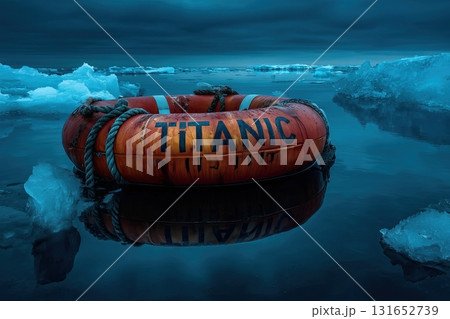 TITANIC 1912 life buoy floating on arctic sea night 131652739