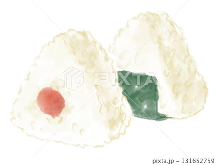 梅干しと海苔の美味しそうなおにぎりの手描き水彩イラスト 131652759