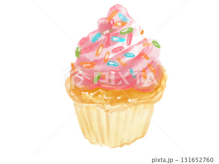 ピンクのクリームの乗った美味しそうなカップケーキの手描き水彩イラスト 131652760