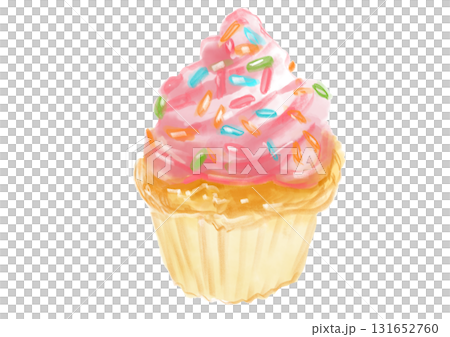 ピンクのクリームの乗った美味しそうなカップケーキの手描き水彩イラスト 131652760