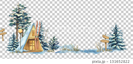 Hand-painted watercolor illustration template with winter cabin, snowy pines, and forest elements, designed as a festive frame for Christmas cards, invitations, posters, and seasonal lettering. Hand-painted watercolor illustration template with winter cabin, snowy pines, and forest elements, designed as a festive frame for Christmas cards, invitations, posters, and seasonal lettering. 131652822
