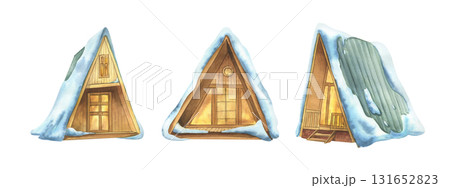 Hand-painted watercolor illustration clipart set with cozy wooden cabins covered in snow, rustic huts perfect for Christmas crafts, invitations, greeting cards, and holiday decorative projects. Hand-painted watercolor illustration clipart set with cozy wooden cabins covered in snow, rustic huts perfect for Christmas crafts, invitations, greeting cards, and holiday decorative projects. 131652823