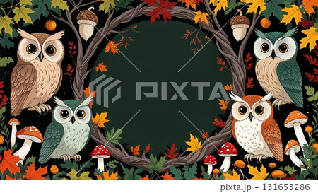 フクロウとドングリの秋色リースフレーム（横型） 131653286