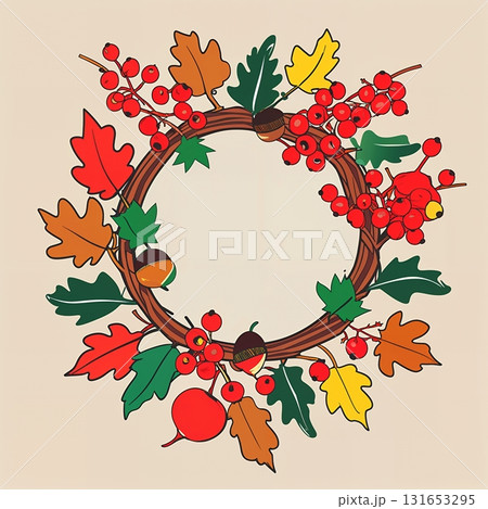 ポップアート風どんぐりと赤い実の秋リース 131653295