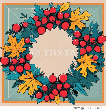 黄色いカエデと赤い実のヴィンテージ風秋リース 131653296