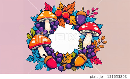 カラフルなキノコとドングリのリースフレーム｜ポップアート風 131653298