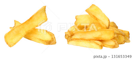 Set of crispy french fries isolated on transparent background. Fast food collection for snack, restaurant, cafe, junk food and design 131653349