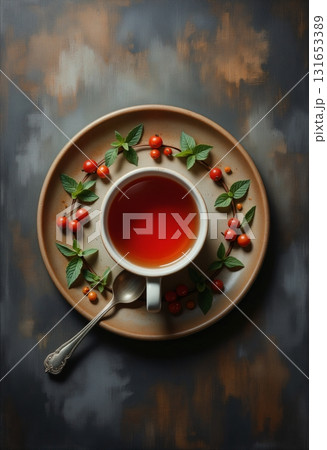 White ceramic cup with herbal goji berry tea 131653389