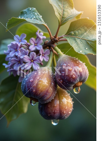 Juicy figs with dew drops on tree branch Juicy figs with dew drops on tree branch 131653390