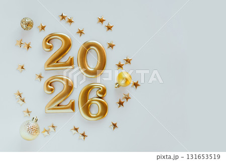 Happy New Year 2026. Golden numbers on a white background 131653519