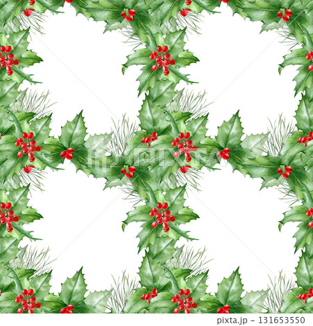 A seamless watercolor floral Christmas pattern with hand-painted holly branches, leaves, and berries. A natural floral background for packaging, design, and fabric printing. 131653550