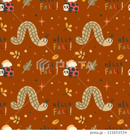 Cute ladybug, green caterpillar, autumn leaves and the quote hello fall. Vector illustration. Seamless pattern on red background Cute ladybug, green caterpillar, autumn leaves and the quote hello fall. Vector illustration. Seamless pattern on red background 131653554