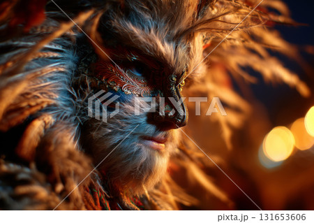 Vibrant kurent mask feathers dance in the night air during traditional festival 131653606