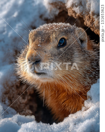 Groundhog emerging from snowy burrow during winter morning light Groundhog emerging from snowy burrow during winter morning light 131653623