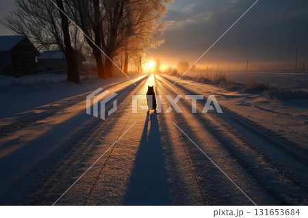Shadow of a groundhog stretching in a snowy landscape at sunset 131653684