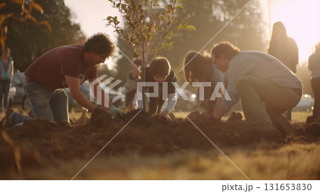 Family bonds grow strong while planting trees in the golden evening light Family bonds grow strong while planting trees in the golden evening light 131653830