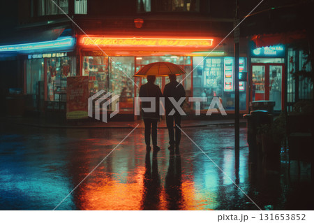 Couple holding neon umbrella under vibrant city rain at night Couple holding neon umbrella under vibrant city rain at night 131653852