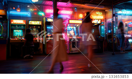 Bright neon arcade brings retro gaming to life in vibrant night scene Bright neon arcade brings retro gaming to life in vibrant night scene 131653853