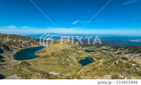 Mountain view of the Rila Mountains in Bulgaria. Seven Rila Lake hike. Eco trails. Connection with nature. Mountain view of the Rila Mountains in Bulgaria. Seven Rila Lake hike. Eco trails. Connection with nature. 131653948