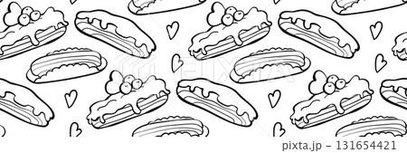 Outline seamless pattern with cute eclair, berry and cream. Sweet dessert pastry background for bakery design. Ideal for packaging, textile, menu and wallpaper. Sweet vector doodle illustration. 131654421