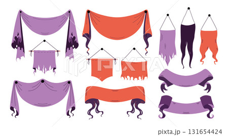 Set of Halloween flag and garland in autumn color palette. Collection of Halloween banner and curtain. Perfect for party invitation, web design and festive decor. Hand drawn vector illustration. Set of Halloween flag and garland in autumn color palette. Collection of Halloween banner and curtain. Perfect for party invitation, web design and festive decor. Hand drawn vector illustration. 131654424