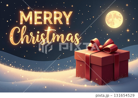 Merry Christmas text with gift box under starry night sky. Merry Christmas text with gift box under starry night sky. 131654529