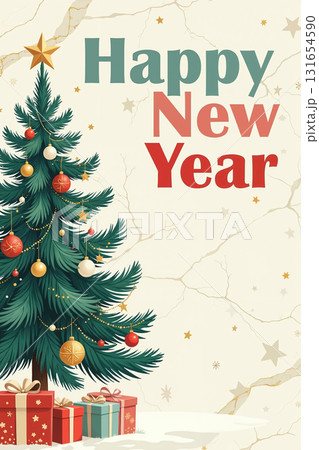 Decorated Christmas tree with gifts and Happy New Year text. 131654590