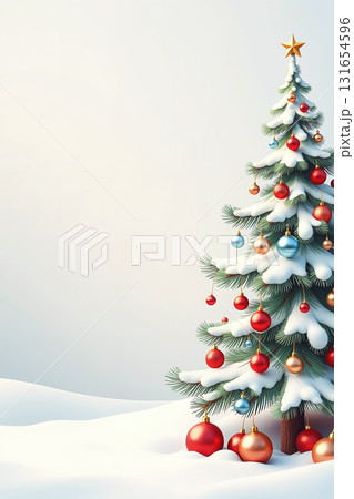 Snowy Christmas tree with ornaments and star on top. 131654596