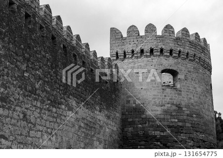 Black and white image of a medieval fortress of Baku, Azerbaijan 131654775