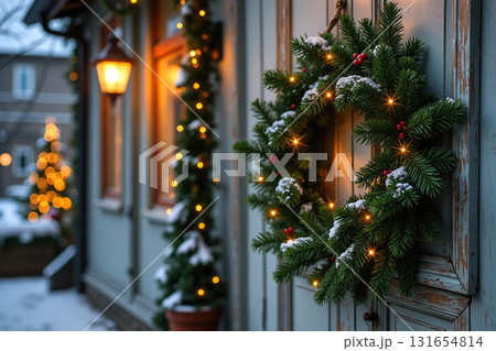 Christmas wreath on a door with lights and red berries. Christmas wreath on a door with lights and red berries. 131654814