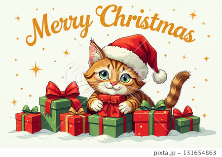 Cat in Santa hat with Christmas gifts, surrounded by snow and stars. 131654863