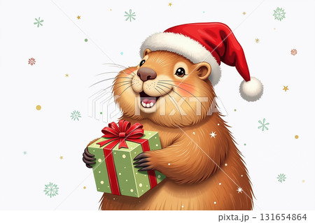 Funny groundhog in Santa hat holding a gift box. 131654864
