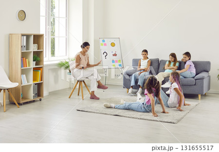 School psychologist and group of children discussing conflict situation together School psychologist and group of children discussing conflict situation together 131655517