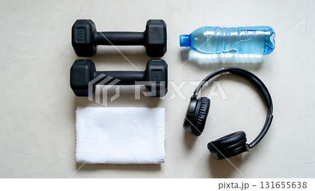 A flat lay of dumbbells, a water bottle, a towel, and headphones arranged on a white surface 131655638