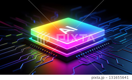 A colorful ai chip on a circuit board with glowing lines and a dark background highlighting the technology 131655641
