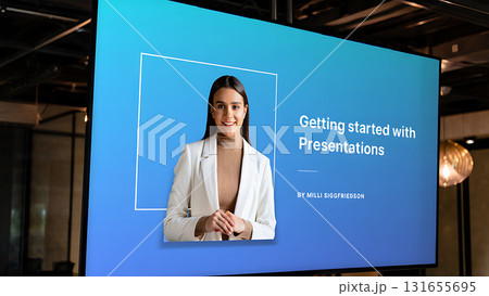 Woman in blazer on presentation screen with getting started with presentations text and author name 131655695