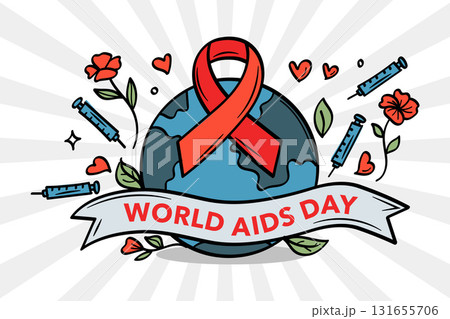 Hand drawn doodle style Word Aids Day greeting banner with red ribbon, globe, syringe, and colorful elements.Vector illustration. Hand drawn doodle style Word Aids Day greeting banner with red ribbon, globe, syringe, and colorful elements.Vector illustration. 131655706