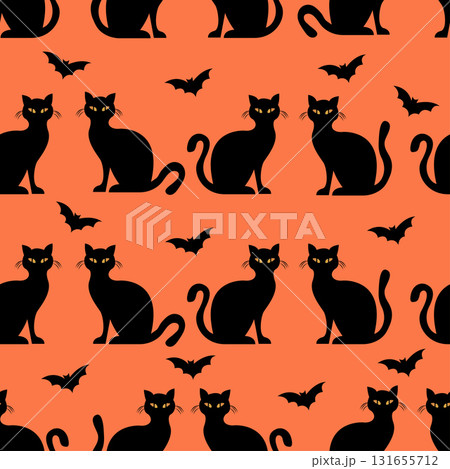 Black Cats Scary Seamless Pattern for Halloween. Silhouette Background and Textile Design Vector. Black Cats Scary Seamless Pattern for Halloween. Silhouette Background and Textile Design Vector. 131655712