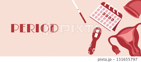 Women period banner with elements: uterus, calendar, pregnancy tests, panties, menstrual cup. Menstruation and women health design Women period banner with elements: uterus, calendar, pregnancy tests, panties, menstrual cup. Menstruation and women health design 131655797