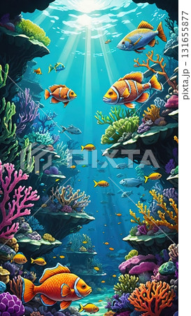 Orange fish swimming among colorful corals in the underwater world of a tropical sea 131655877