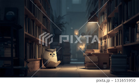 夜の図書館で本を読む賢いフクロウ 131655950