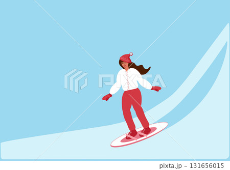 Young woman snowboarding in warm clothes Young woman snowboarding in warm clothes 131656015