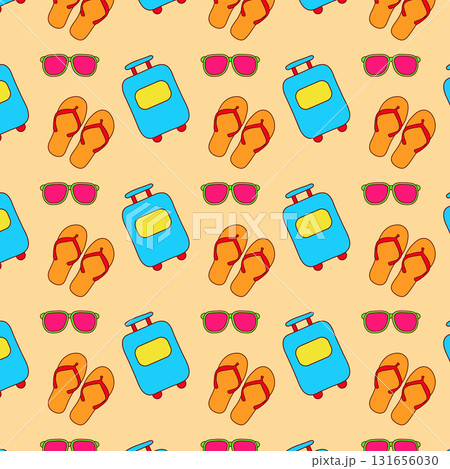 A vibrant and colorful cartoon pattern features suitcases, sunglasses, and flip flops against a light background. The design evokes a sense of vacation and summertime fun. A vibrant and colorful cartoon pattern features suitcases, sunglasses, and flip flops against a light background. The design evokes a sense of vacation and summertime fun. 131656030