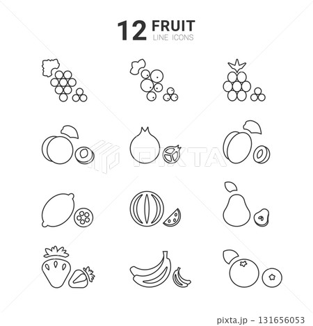 This collection showcases twelve line icons representing different fruits. Each icon displays a unique fruit including grapes, pomegranates, lemons, and strawberries, all in a minimalist style. 131656053