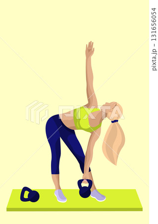 A faceless woman performs a side stretch while holding a kettlebell on a yoga mat. The workout occurs indoors with a light background. 131656054