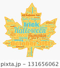 Bright orange and teal word cloud shaped like maple leaf celebrating Halloween, autumn mood and autumn vibe 131656062