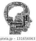 Human head silhouette filled with word cloud on Black Friday sale. Discount and promotion theme. Bold monochrome design suggesting shopping mindset 131656063