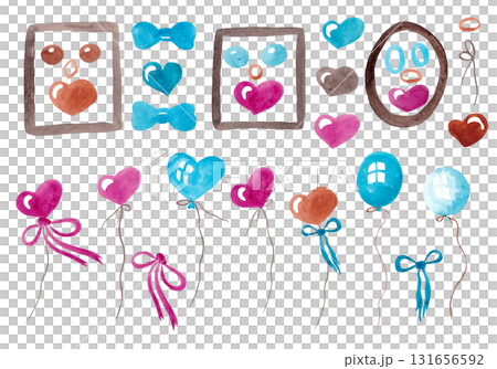 A large set of watercolor elements for your design: multi-colored balloons on strings, hearts, beads, and frames A large set of watercolor elements for your design: multi-colored balloons on strings, hearts, beads, and frames 131656592