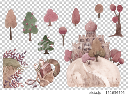 Autumn trees, Christmas trees, a coastal cliff, and a castle on a hill. Pastel colors. A set of isolated illustrations for your design Autumn trees, Christmas trees, a coastal cliff, and a castle on a hill. Pastel colors. A set of isolated illustrations for your design 131656593